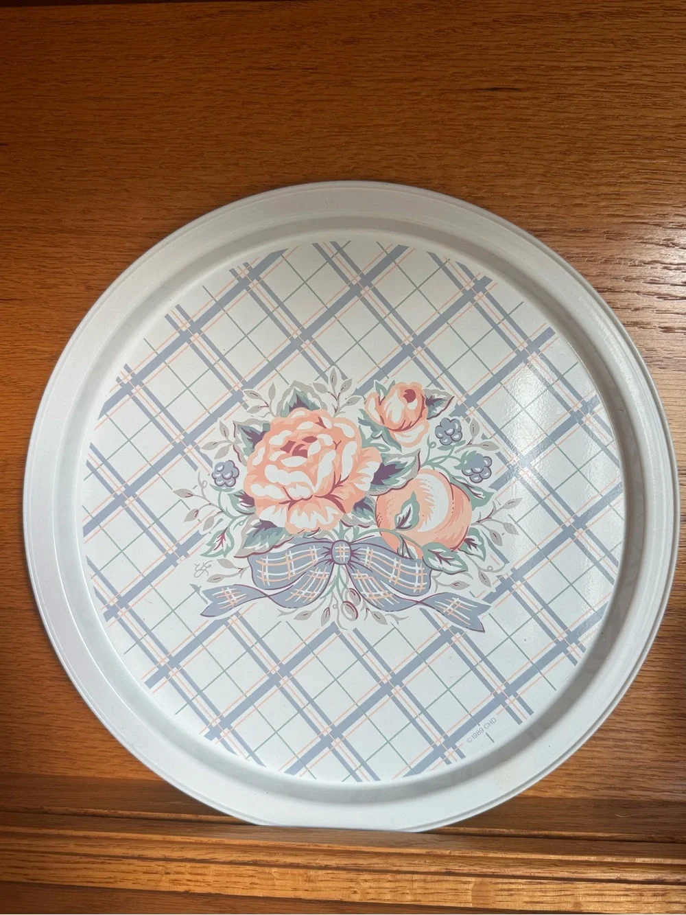 Floral Metal Serving Tray in Pastel Peach and Dusty Blue